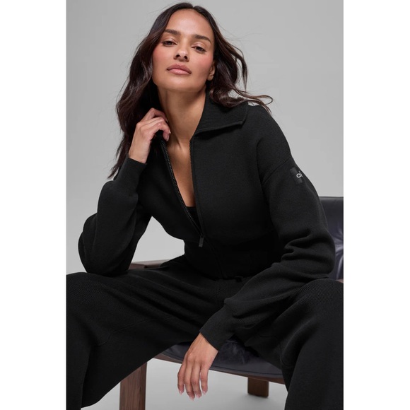 ALO Scholar Knit Cropped Full Zip Jacket Black Size Large - Picture 3 of 15